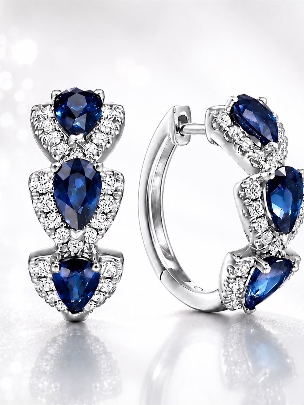 Elegant Lab Sapphire & Zircon Teardrop Hoop Sterling Silver Earrings
